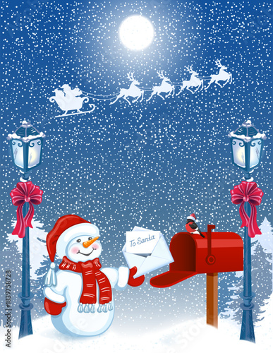 Christmas card with Snowman with wishlist in envelope and mailbox against winter forest background and street lamps