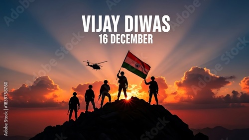 Indian soldiers celebrate Vijay Diwas with national flag at sunset.