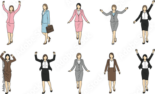 Collection of businesswomen illustrations showing confident professional female characters in various poses, corporate attire, office worker gestures, leadership and success concepts