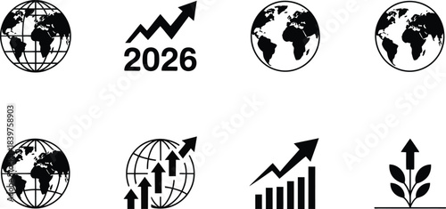 Global Growth and Progress Icons: Earth, Arrows, and Year 2026