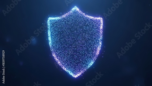 Abstract glowing shield made of shimmering particles on a dark background representing digital security and protection