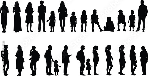 Collection of diverse people silhouettes including adults and children standing and walking, family figures, crowd illustration elements for graphic design projects