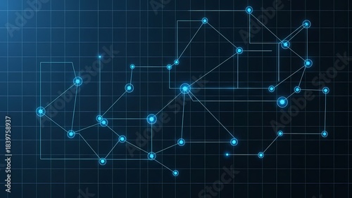 Digital Network Connections and Data Flow on a Blue Grid Background with Glowing Nodes