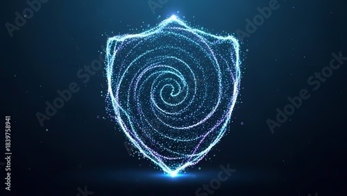 Abstract glowing shield of swirling particles on a dark blue background, representing protection and security in a digital or technological context