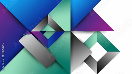 Abstract geometric design with overlapping colorful triangles and squares creating a dynamic visual composition
