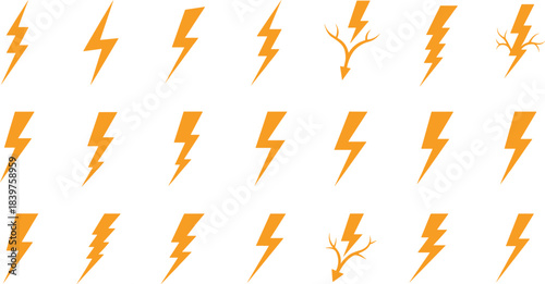 Collection of orange lightning bolt icons, electric energy symbols, thunder strike graphics, power flash illustrations, storm electricity sign elements for design