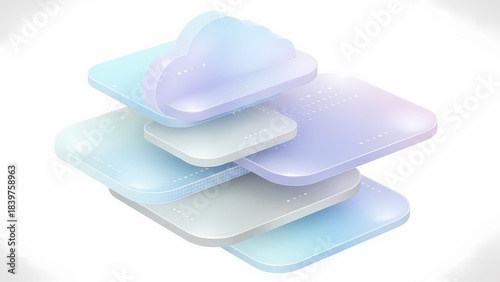 Ethereal and modern abstract graphic showcasing translucent layered shapes, representing digital data concepts, cloud infrastructure, and systematic organization