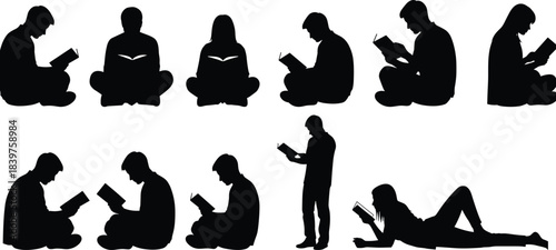 Collection of reading people silhouettes in various poses, sitting and standing figures holding books for education, study, learning and illustration projects
