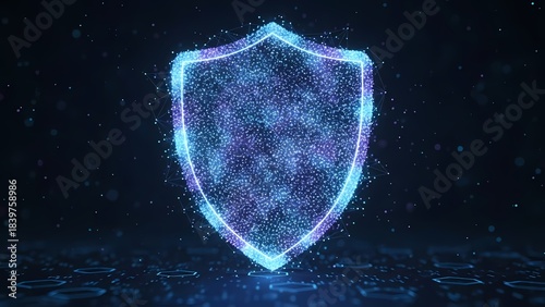 Abstract glowing digital shield icon representing cybersecurity, data protection, and network security against a futuristic technological background, symbolizing defense in the digital realm