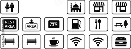 Collection of road sign icons showing restroom, rest area, ATM, fuel, food, WiFi, picnic, bench, shopping and service symbols