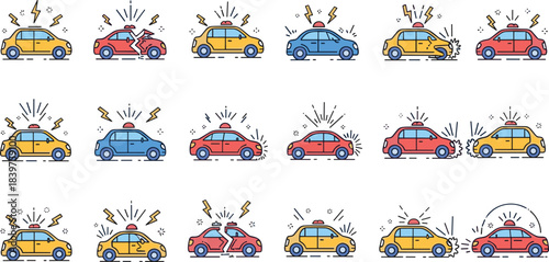 Colorful car accident icons set showing collision, crash damage, warning signals, transportation safety hazards, emergency vehicle insurance concepts in modern flat illustration