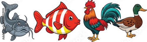 Colorful cartoon illustration of catfish, tropical fish, rooster, and duck, isolated animal characters for education, learning materials, farm and aquatic themes