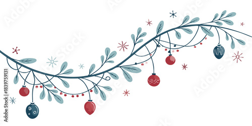 minimal Christmas garland, curved string line with tiny round ornaments, thin clean stroke, modern scandi holiday décor element, isolated on white background, vector design
