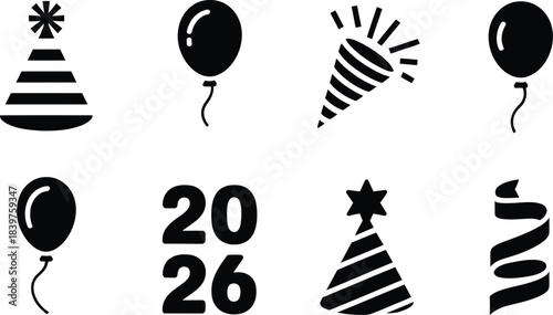 New Year's Eve Celebration Icons: Balloons, Party Hats, Confetti, and Numbers