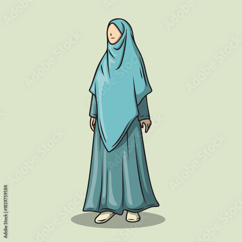 Illustration of a Faceless Muslim Woman Standing Wearing an Abaya and Long Hijab