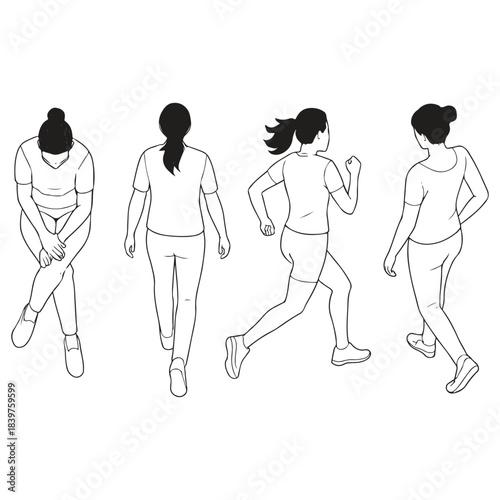 Women Outline Collection – Top View Sitting, Walking, Running Vector