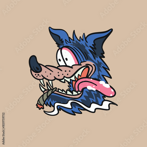 blue wolf smoking ciggarete with spike tooth for print or clothing design
