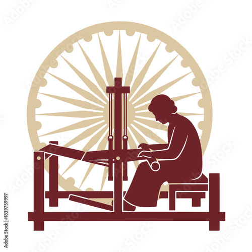 Billede på lærred Woman spinning charkha with ashoka chakra background silhouette vector illustration