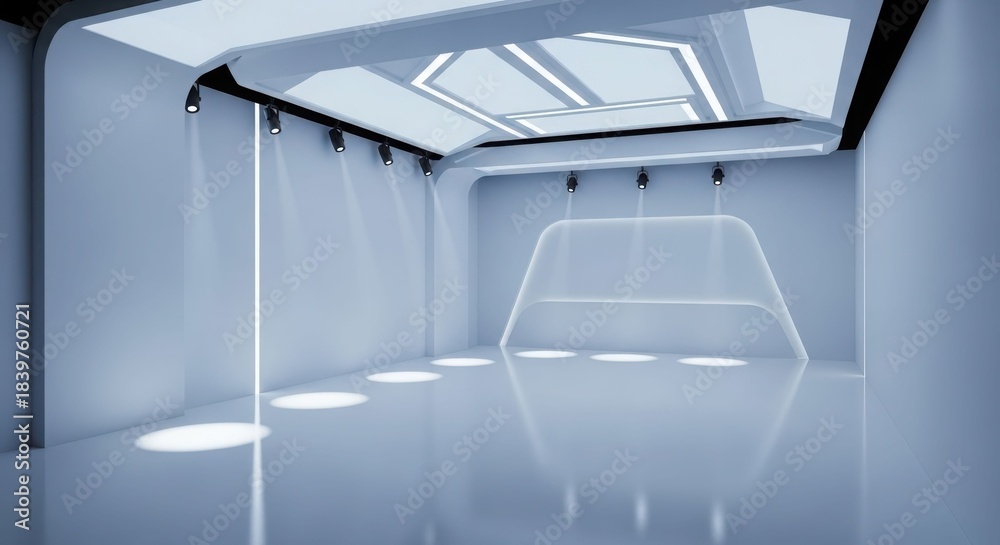 Obraz premium A futuristic, minimalist white and blue virtual studio with geometric lighting and reflective surfaces.