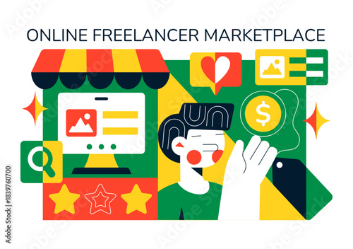 Online Freelancer Marketplace Illustration Featuring A Digital Platform For Search, Offers, Professional Services, and Product Order Tracking System