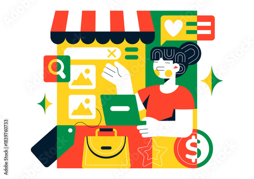 Online Freelancer Marketplace Illustration Featuring A Digital Platform For Search, Offers, Professional Services, and Product Order Tracking System