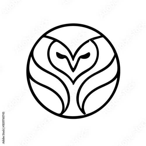 Circular monoline owl emblem, intertwined lines forming stylized face and wings