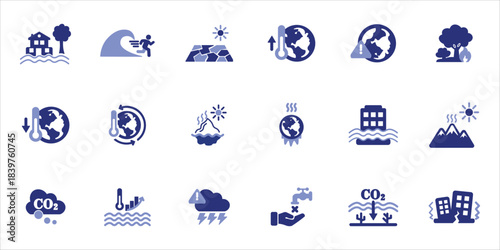climate change icons set. warning, climate change, melting ice, ocean warming, extream weather, tsunami and more. simple colored vector