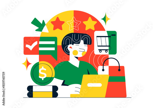 Online Freelancer Marketplace Illustration Featuring A Digital Platform For Search, Offers, Professional Services, and Product Order Tracking System