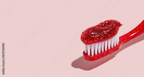 The children's toothpaste industry. Red toothpaste with glitters, focus on fun flavours. Trendy eco-friendly  toothpaste for different ages (toddlers to pre-teens). Paediatric Dentistry concept. 