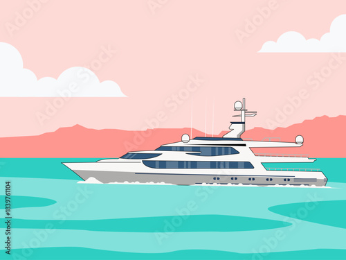 Luxury yacht or passenger liner with blue accents moving through turquoise water. Yacht vector illustration. Flat illustration concept.