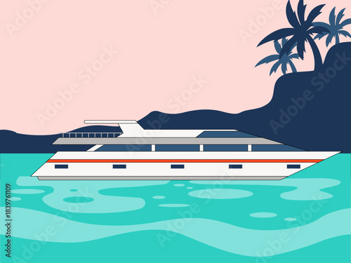 The cruise ship sailed near the island. Yacht vector illustration. Flat illustration concept.