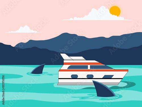 Powerboat on turquoise water and two shark fins are visible in the water near the boat. Yacht vector illustration. Flat illustration concept.