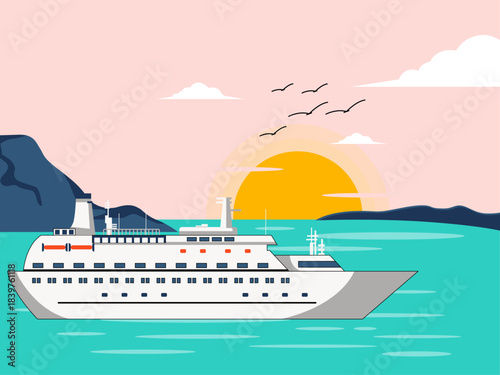 Luxury yacht sailing on the sea at sunset. Yacht vector illustration. Flat illustration concept.