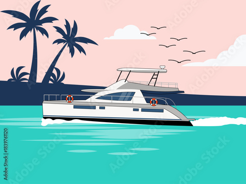 A yacht in the sea near a tropical island. Yacht vector illustration. Flat illustration concept.