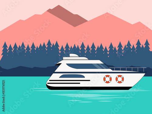 A yacht in a river or lake scene. Yacht vector illustration. Flat illustration concept.