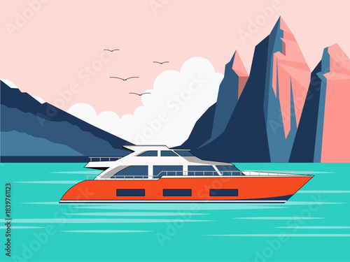 Modern yacht for pleasure cruising or recreation. Yacht vector illustration. Flat illustration concept.