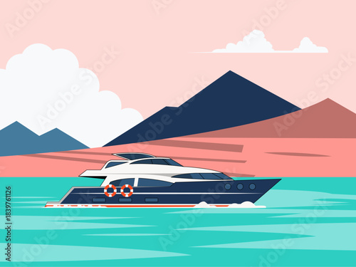 Yacht or motorboat in the water near a mountainous coast. Yacht vector illustration. Flat illustration concept.