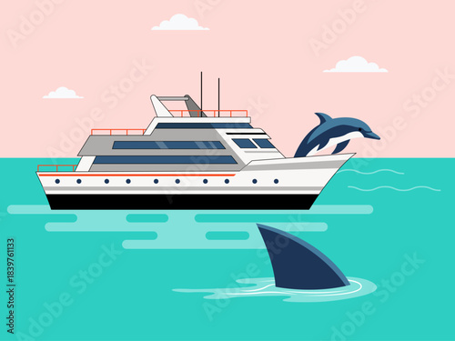 Motor yacht at sea and a dolphin jumping near the bow and a shark fin in the foreground. Yacht vector illustration. Flat illustration concept.