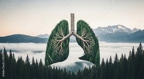 A lush forest forms a pair of lungs, symbolizing the vital role of trees in breathing clean air amidst a majestic mountain range.