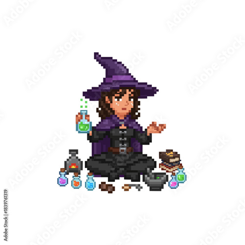 pixel art alchemy academy student mixing magical potions in laboratory class with curious focused expression