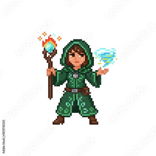 pixel art elemental magic academy student mastering fire water wind energies during apprentice training lessons