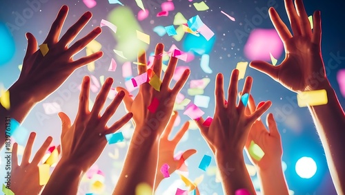 Joyful hands reaching up in celebration among falling colorful confetti at a festive event