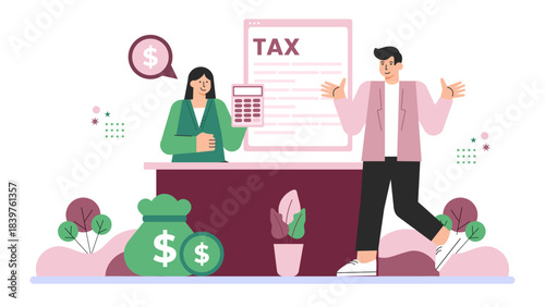 Flat illustration of tax consultant with clients Flat Vector Illustration