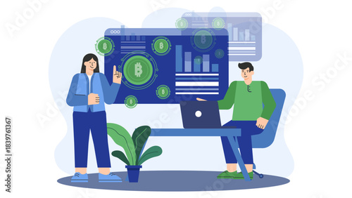 Business people analyzing cryptocurrency trends Flat Vector Illustration