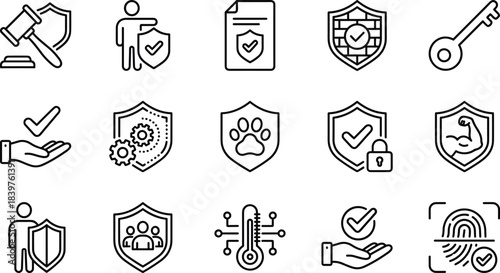 Legal Protection Shield Set, Data Security and Privacy Icons: Justice Gavel, Digital Key, Biometric Fingerprint, Gear Settings, Paw Print, Insured Document, and Lock Symbol for Online Safety.