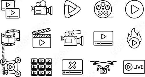 Professional Video Production and Streaming Icons Set, Featuring Movie Cameras, Film Reels, Editing Tools, Live Broadcast, Drone, and Digital Media Player Interface Symbols.