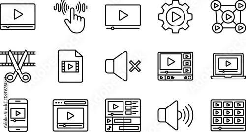 Video Editing and Digital Media Icons Set, Including Play Button, Movie File, Filmstrip, Volume Control, Streaming Interface, Laptop, and Smartphone Application Symbols.