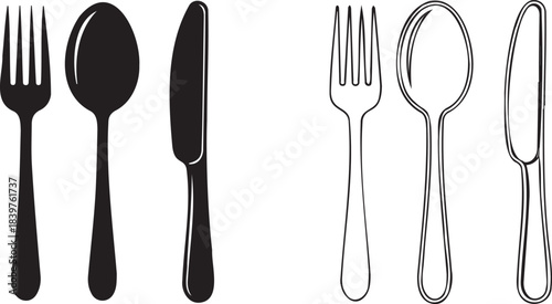 Black Cutlery Vector Set: Solid Silhouette and Outline Fork, Spoon, Knife Icons