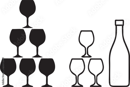 Black silhouette wine glasses pyramid and outline wine bottle with glasses vector illustration