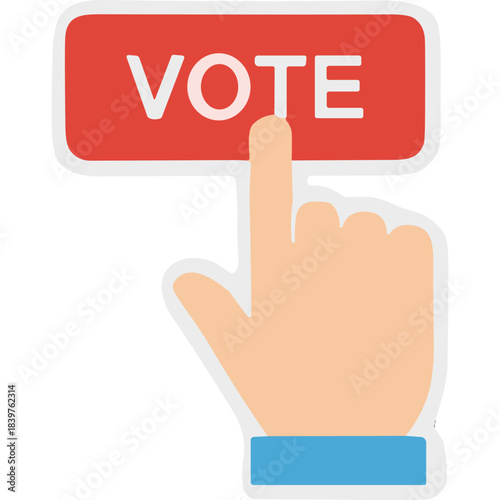 Close Up Of A Finger Pressing A Red Vote Button With White Text And White Outline On A Black Background With Natural Lighting Showing A Decision Making Concept